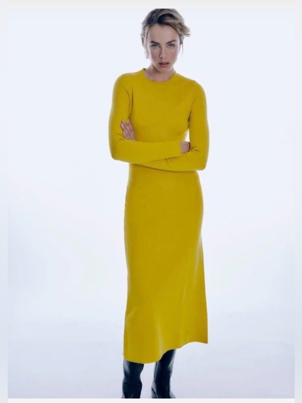 ZARA Mustard Yellow Knit Midi Dress Long Sleeve NWT